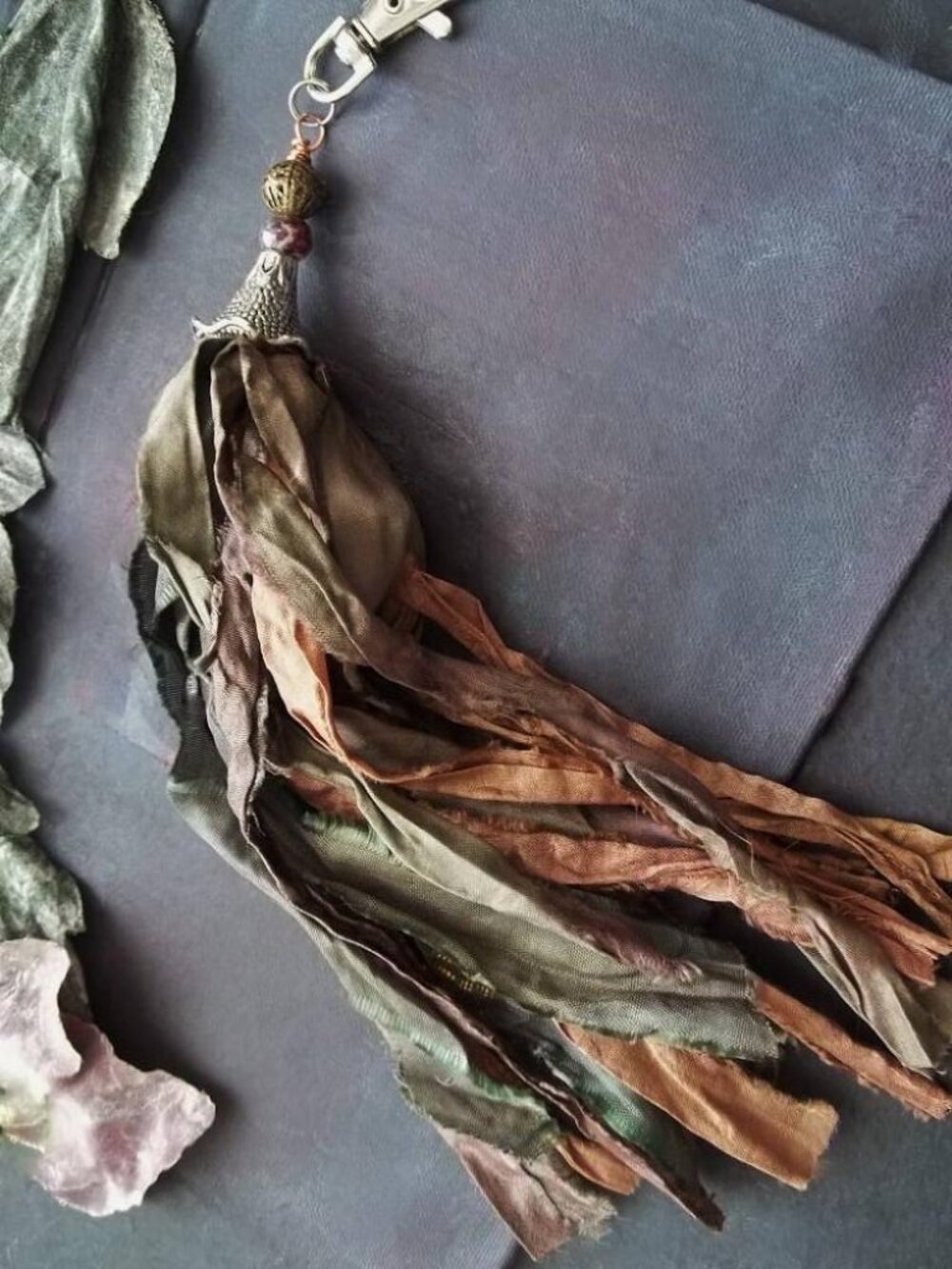 🌿 OOAK Handmade Recycled Sari Silk Tassel Keychain Bag Charm
